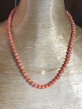 Vtg Fine High End Natural Blush Pink Coral Beaded Necklace 6mm Sterling