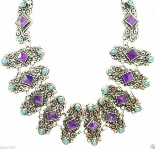Vintage Style Taxco Mexican Sterling Silver Amethyst Turquoise Necklace Mexico