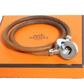 Auth Vtg Hermes Lancelot Brown Leather Choker Double Bracelet 39cm/15.  3 "