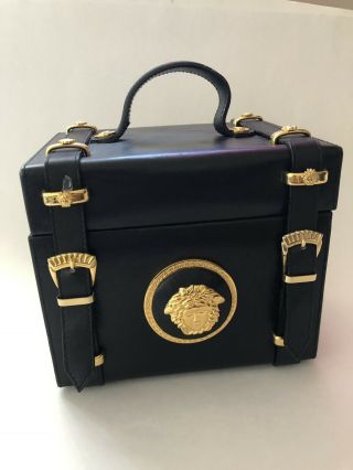 Rare Vtg Gianni Versace Black Bondage Leather Medusa Vanity Box Bag