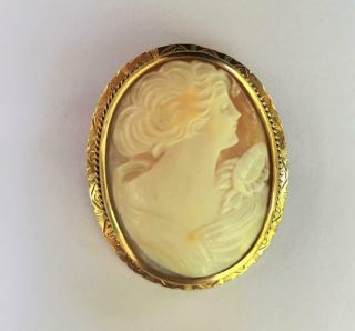 Vintage 10k Yellow Gold Carved Cameo Shell Pin Brooch Woman Intricate