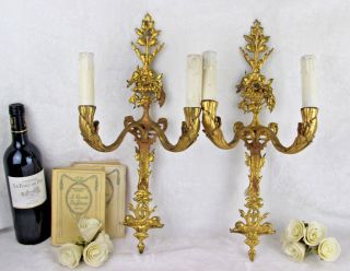Large Pair French Vintage Wall Lights Sconces Dolphins Flower Bouquet Rare