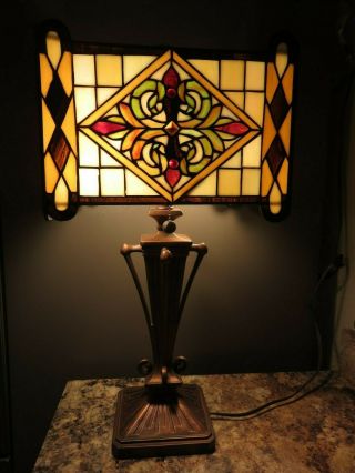 Vintage Signed Dale Tiffany Arts & Crafts Leaded Stained Glass Lamp Bronze Base