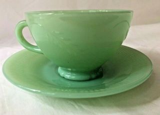 Vtg Fire King Jadeite Jade - Ite Sheaves Of Wheat Cup And Saucer Set Green Glass