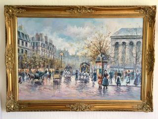 Very Large Vintage Parisian Street Scene Oil On Canvas Painting.  Signed