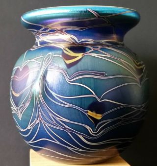 Vintage Lundberg Studios Mark Cantor Iridescent Art Glass Mini Vase 1974 2 1/4 "