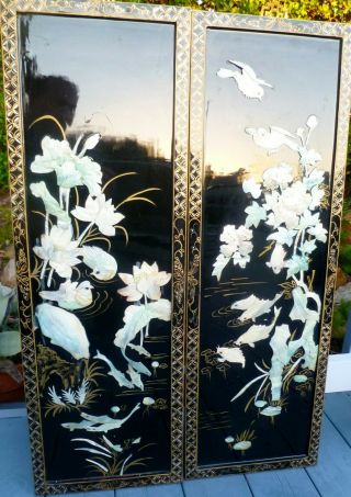 Vintage Black Lacquer Panels: Mother Of Pearl: Birds,  Flowers,  Fish