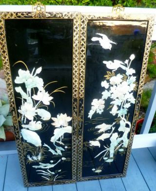 Vintage Black Lacquer Panels: Mother of Pearl: Birds,  Flowers,  Fish 2