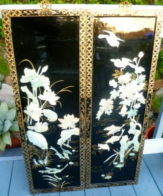 Vintage Black Lacquer Panels: Mother of Pearl: Birds,  Flowers,  Fish 3