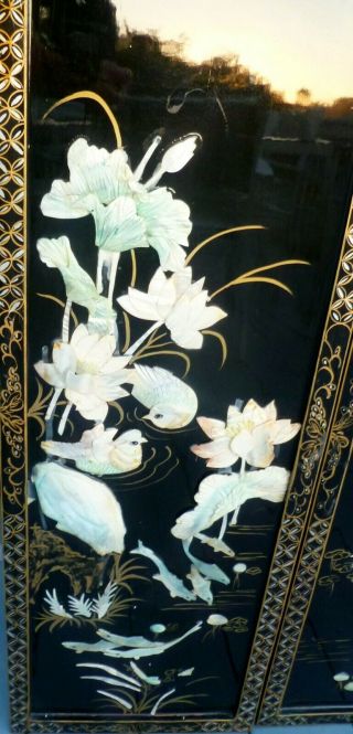 Vintage Black Lacquer Panels: Mother of Pearl: Birds,  Flowers,  Fish 4