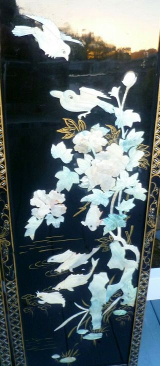 Vintage Black Lacquer Panels: Mother of Pearl: Birds,  Flowers,  Fish 5