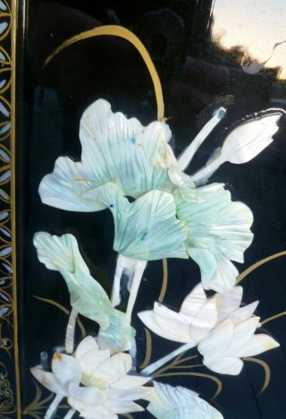 Vintage Black Lacquer Panels: Mother of Pearl: Birds,  Flowers,  Fish 6