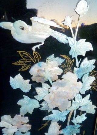 Vintage Black Lacquer Panels: Mother of Pearl: Birds,  Flowers,  Fish 7
