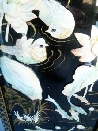 Vintage Black Lacquer Panels: Mother of Pearl: Birds,  Flowers,  Fish 8