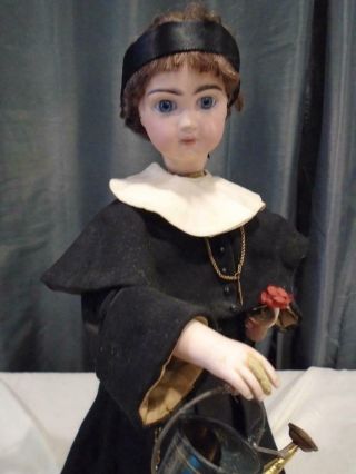 Antique French Tete Jumeau Bisque Doll Automaton Nun Flower & Watering Can