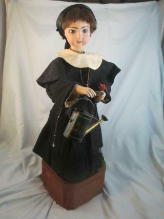 Antique French Tete Jumeau Bisque Doll Automaton Nun Flower & Watering Can 2