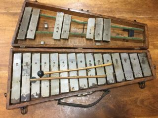 Leedy Vintage Nickel Xylophone Bells With Sticks And Wood Case