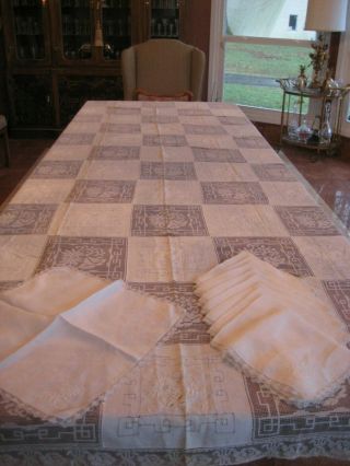 Xl Vintage Lace And Embroidered White Linen Tablecloth 122 X 68 W/ 10 Napkins