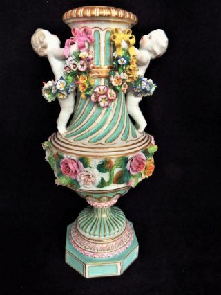 Antique Meissen Porcelain Germany Putti Figural Flower Encrusted Large Vase 1800