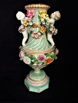 Antique Meissen Porcelain Germany Putti Figural Flower Encrusted Lge Vase 1800s