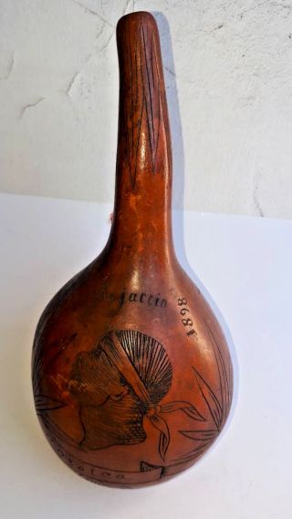 Rare Antique Hand - Painted Gourd Bowl Powder Flask 1898 Year French Corsica