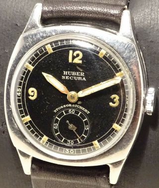 V.  Rare Vintage Military Stainless Steel Huber Secura Cushion Black Sector Dial