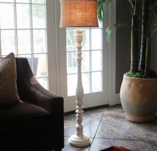 Vintage Sculpted Candlestick Floor Lamp W/ Gold Brown Shade Beige Base Finish