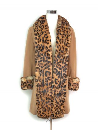Lilli Ann Vintage 1960’s Camel Knit Leopard Print Rabbit Fur Trim Coat S ?