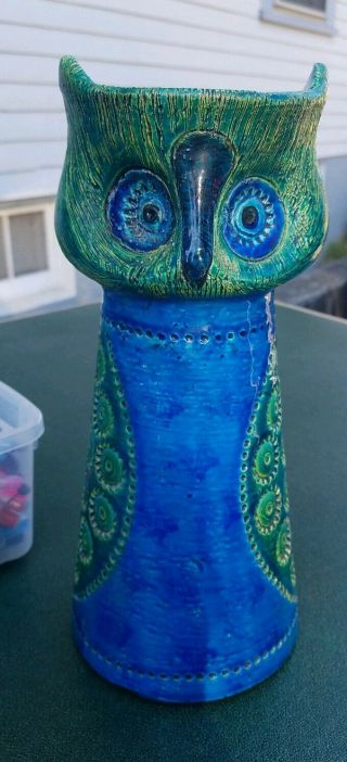 Vtg Mid Century Modern Bitossi Rosenthal Netter Art Pottery Owl Blue Green 12 "