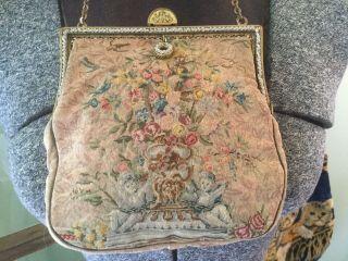 Antique Tapestry Purse Evening Bag With Cherubs Floral & Faux Pearls In Frame