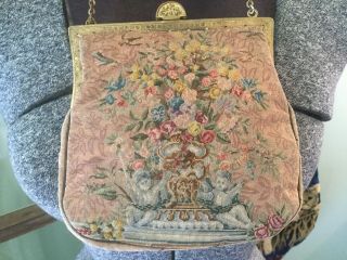 Antique Tapestry purse evening bag with Cherubs Floral & Faux Pearls In Frame 5