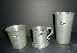 Set 3 Vintage American Yacht Club Ayc Rye Ny Pewter Sheffield Trophy Cups Mugs