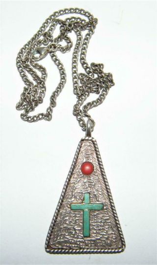 Vintage Sterling Silver Pendant With Turquoise Cross And Coral