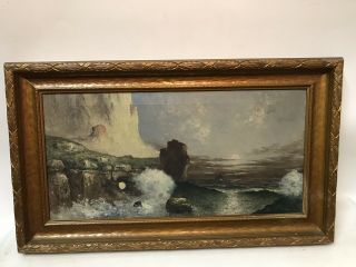 Antique Expansive Crashing Wave Seascape Oil Painting By Joseph Decamp
