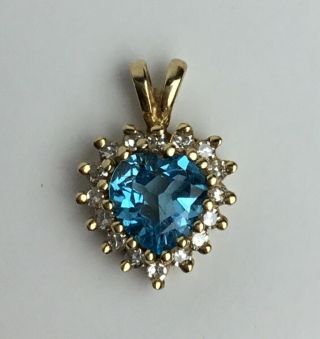 Vintage 14k Blue Topaz And Diamond Heart Shaped Pendant – Very Pretty
