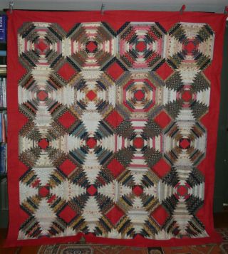 Antique C1880 Windmill Pineapple Log Cabin Patchwork Quilt Graphic,  Colorful