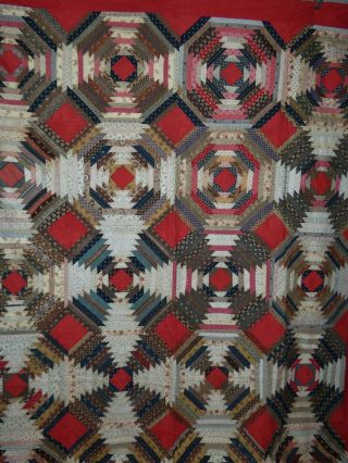 Antique C1880 Windmill Pineapple Log Cabin Patchwork Quilt Graphic,  Colorful 2