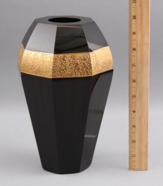 Mid - 20thc Vintage Signed Moser Czech Oroplastic Amethyst Black Art Glass Vase