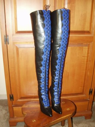 Little Shoe Box Black W/ Blue Trim Leather Thigh High Boots Rare Size 12 Uk