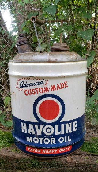Vintage Metal 5 Gallon Havoline Motor Oil Tin Can Wooden Handle Oil Can Texaco