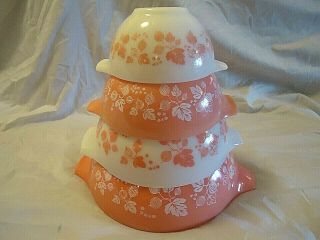Vintage Pyrex 441,  442,  443,  444 Pink Gooseberry Cinderella Mixing Bowls 4 Pc Set