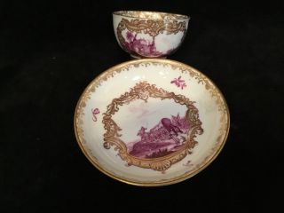 Antique 18thc Meissen Porcelain Cup Saucer Painted En Camaieu Puce 5.  25 " Dia Grt