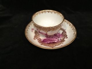 Antique 18thC Meissen porcelain cup Saucer painted en camaieu puce 5.  25 