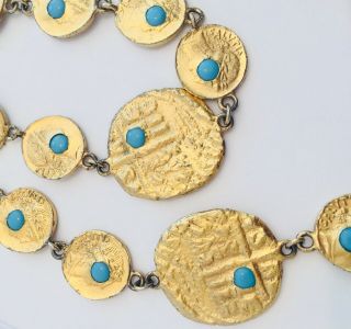 Vintage Pauline Rader Egyptian Revival Gold Coin Turquoise Cabochon Necklace