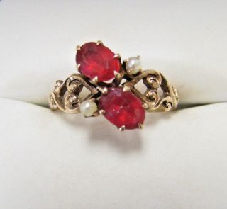 Antique Victorian Solid Gold Seed Pearl & Red Stone Ring Sz 6.  75