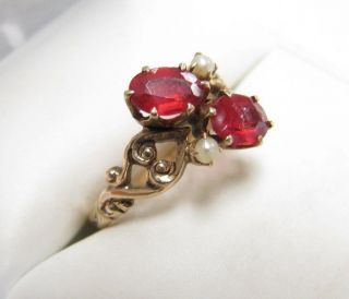 Antique Victorian Solid Gold Seed Pearl & Red Stone Ring Sz 6.  75 2