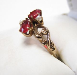 Antique Victorian Solid Gold Seed Pearl & Red Stone Ring Sz 6.  75 3