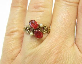 Antique Victorian Solid Gold Seed Pearl & Red Stone Ring Sz 6.  75 4