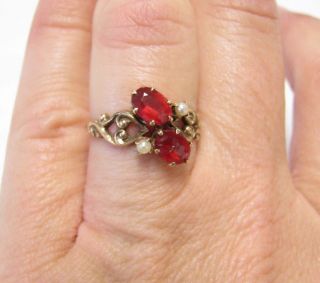 Antique Victorian Solid Gold Seed Pearl & Red Stone Ring Sz 6.  75 5