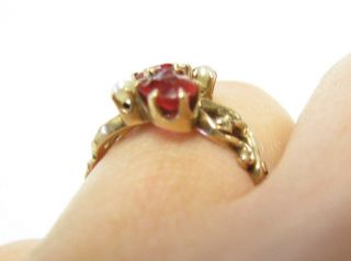 Antique Victorian Solid Gold Seed Pearl & Red Stone Ring Sz 6.  75 6